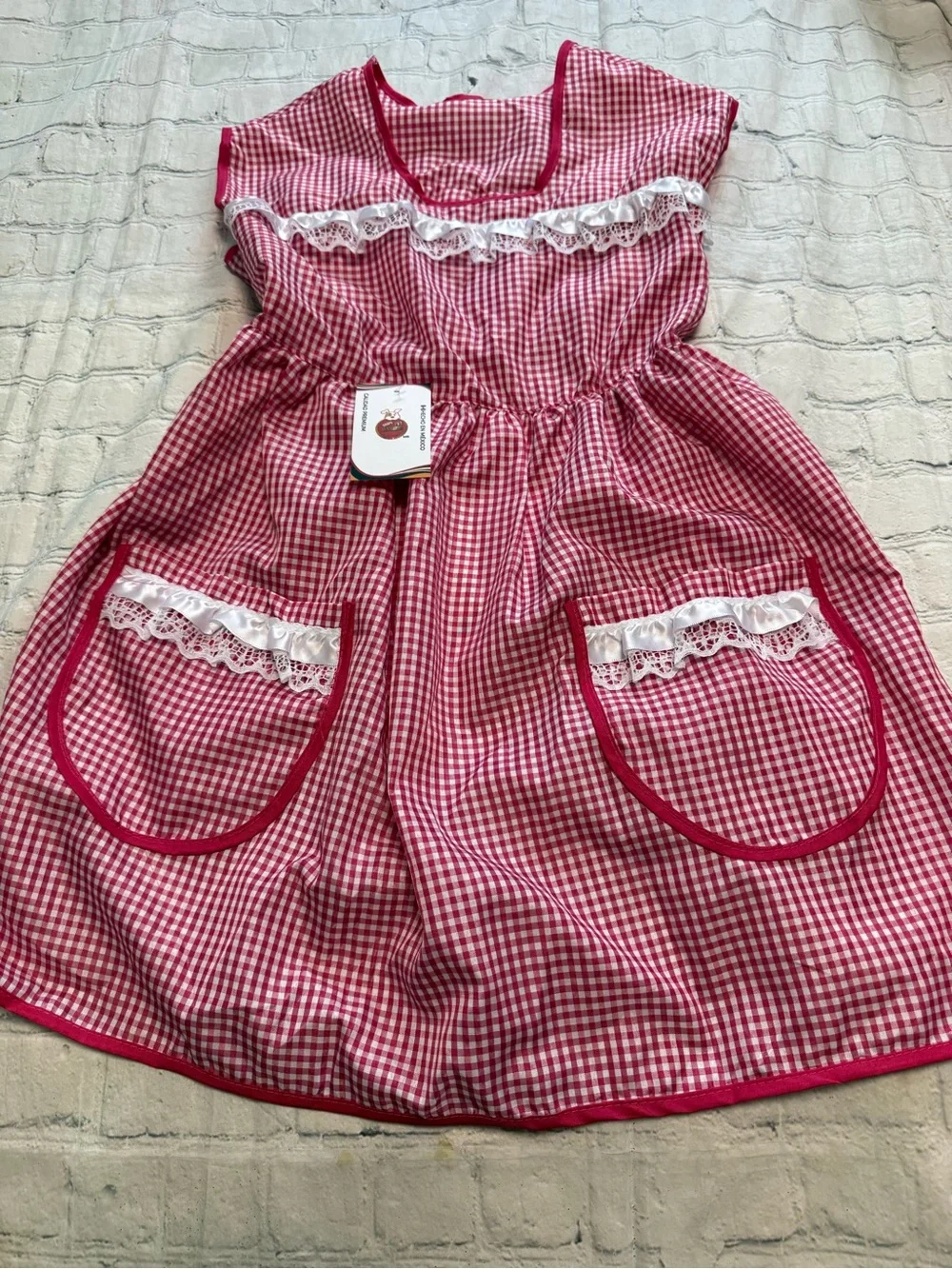 Pet Warrior Dog Red Gingham Apron Dress with Lace Trim Custome. Halloween costum